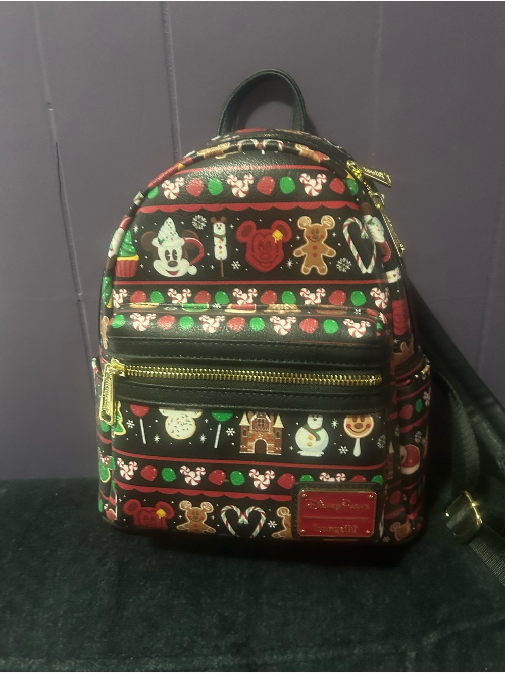 Disney Black Mini Backpack with Red & Green Holiday Treat Print